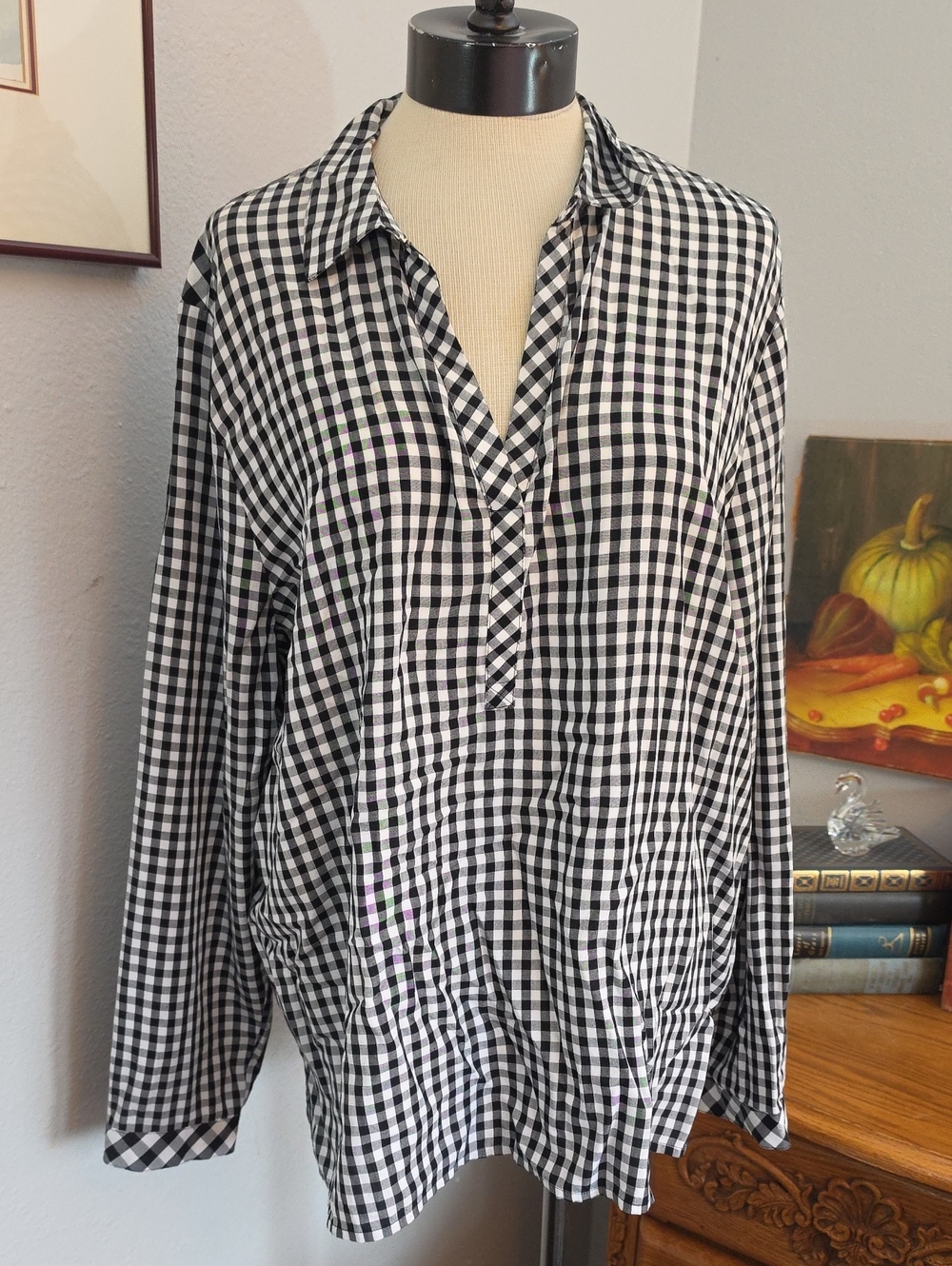 J Jill Black White Gingham Blouse XL Heritage Academia Country Western Classic